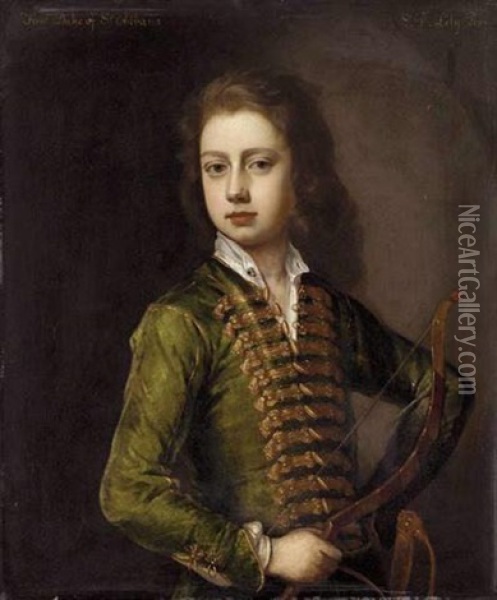 Portrait Of A Young Gentleman In A Green Coat, With Gold Frogging, Holding A Bow In His Left Hand Oil Painting - Michael Dahl