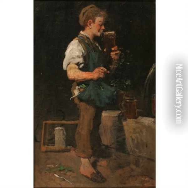 End Of The Day: Boy Sipping For A Beer Mug Oil Painting - Emmanuel Spitzer