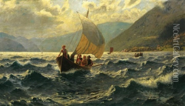 Sturmische Uberfahrt. Familie In Kleinem Segelboot Bei Aufziehendem Gewitter Oil Painting - Hans Dahl