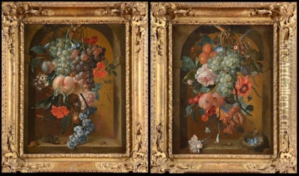 Chute De Fleurs Et De Fruits Dans Une Niche A La Souris Et Au Scarabee Et Chute De Fleurs Et De Fruits Dans Une Niche Au Nid (2 Works) Oil Painting - Coenraet (Conrad) Roepel