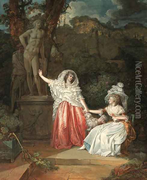 Two elegant young ladies in a garden with a man hiding behind a statue of Apollo Oil Painting - Jean-Baptiste Mallet