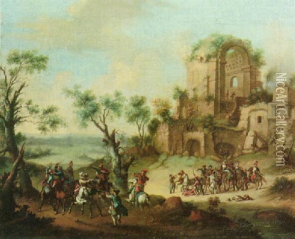 A Cavalry Skirmish In A Landscape With Ruins Oil Painting - Franz de Paula Ferg