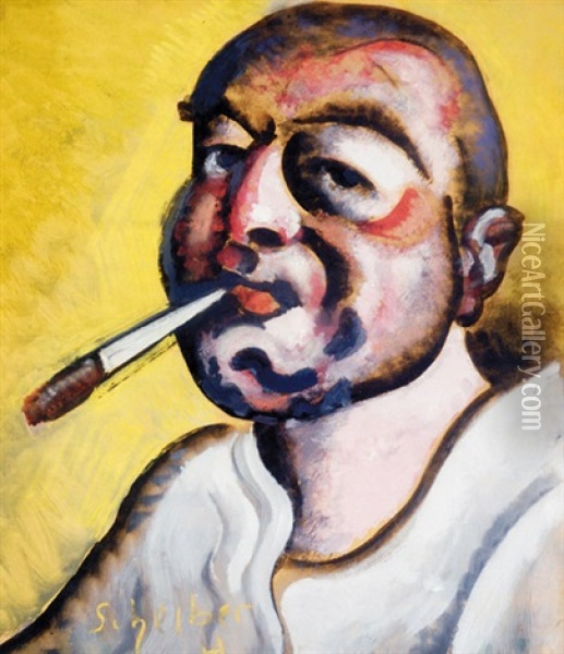 Smoking Self-portrait Oil Painting - Hugo Scheiber