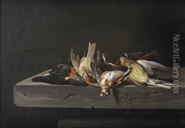 A Gold Finch, A Common Kingfisher And A Hooded Siskin, All On A Stone Ledge Oil Painting - Jacobus Vonck