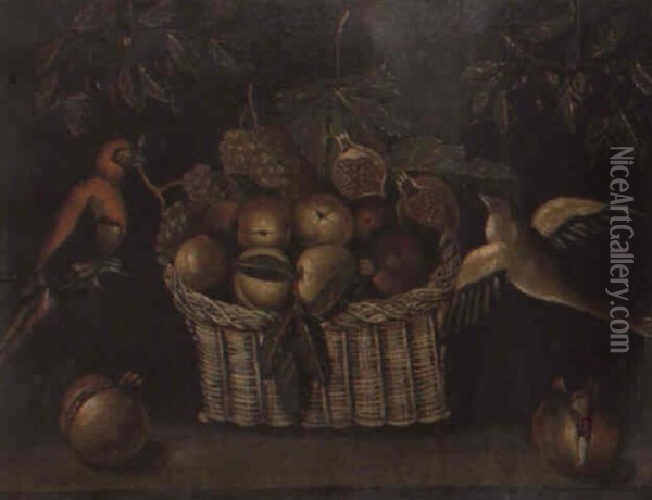 Cesta De Frutas Con Pajaros Oil Painting - Blas de Ledesma Prado