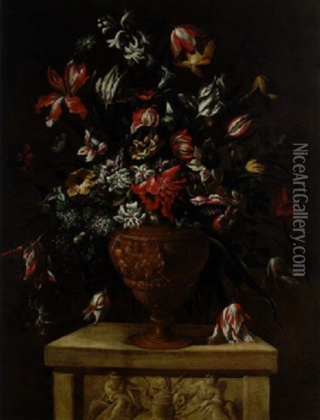 Bouquet Di Fiori Entro Un Vaso Ad Anfora, Sbalzato A Figure Oil Painting - Mario Nuzzi