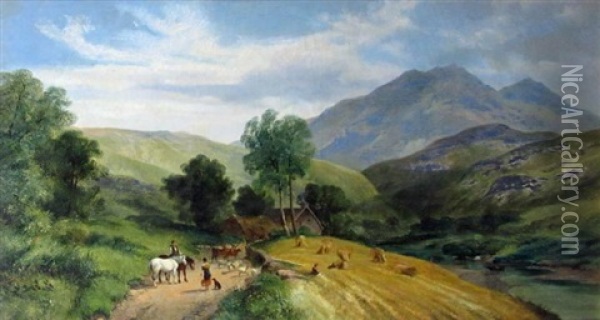 A Farmstead In A Mountainous Landscape Oil Painting - George Shalders