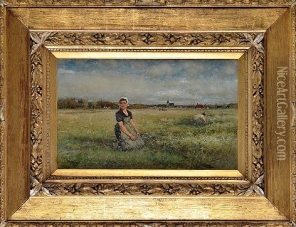French Provincial Farm Girls Working In A Field Oil Painting - George Henry Boughton