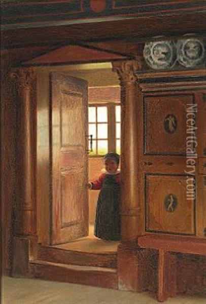 A Little Boy From Amager In A Doorway. Interior From Jan Wybrandtsen's Farm In St. Magleby, Now At The Nationalmuseet (national Museum Of Denmark) Oil Painting - Johann Julius Exner
