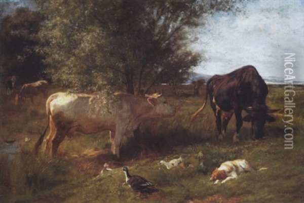 Kuhe, Enten Und Hund Am Zurichhorn Oil Painting - Johann Rudolf Koller