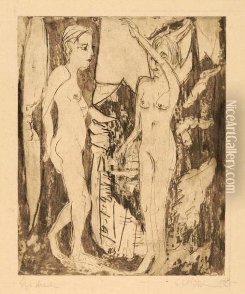 Zwei Stehende Nackte Madchen Vor Tanne Am Bergabhang Oil Painting - Ernst Ludwig Kirchner