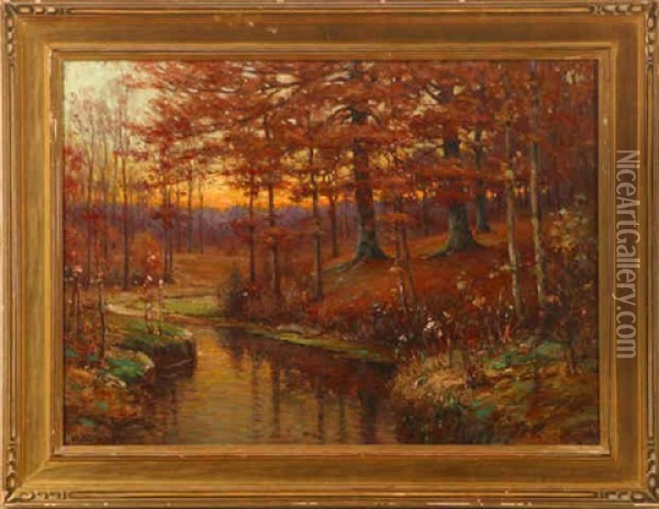 Wooded Stream - Sunset Landscape Oil Painting - John Elwood Bundy