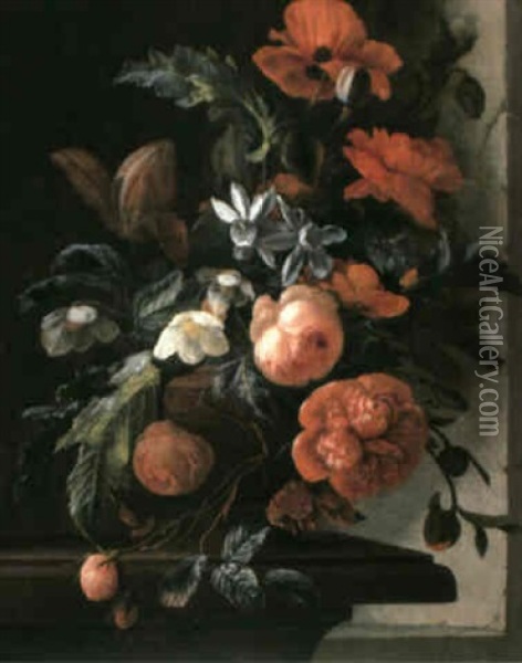 A Still Life With Assorted Flowers Including Poppies, Roses And Narcissi In A Terracotta Vase Upon A Stoneledge Oil Painting - Elias van den Broeck