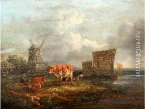 Paysage Hollandais, Vaches Et Moulin Pres Du Lac Oil Painting - Henry Milbourne