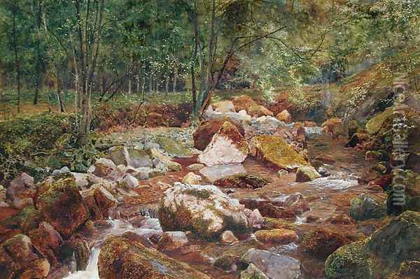 A Rocky Stream Overhung with Trees Oil Painting - John G. Sowerby