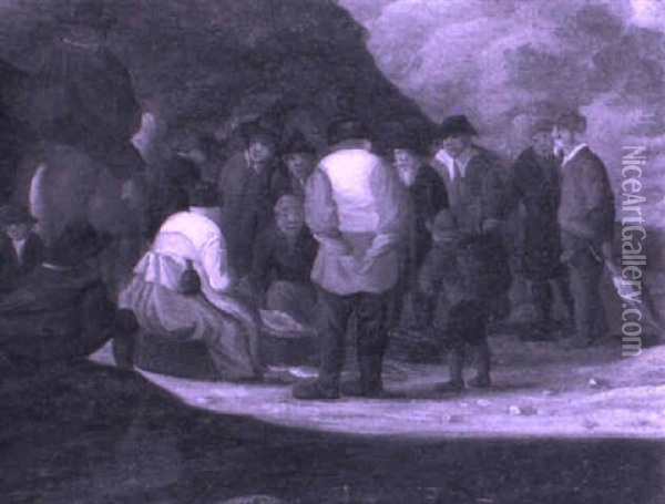 Village Folk Gathered Around A Fishmonger On A Beach Oil Painting - Egbert Lievensz van der Poel