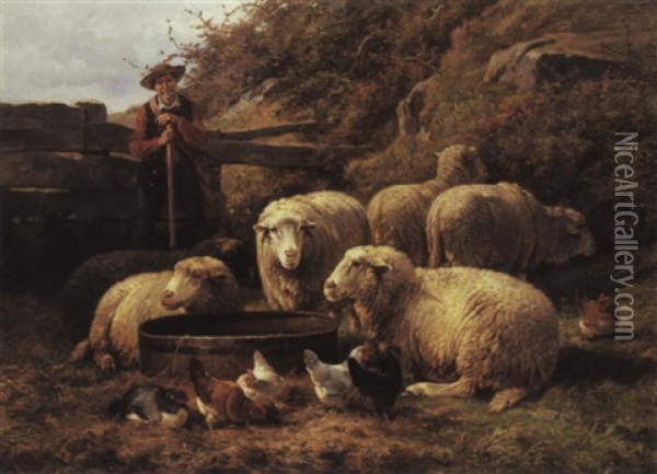Shepherd With Sheep Oil Painting - Cornelis van Leemputten