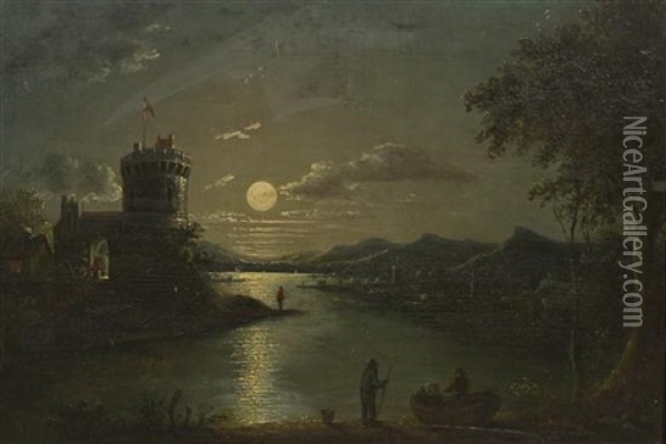 Lake By Moonlight Oil Painting - Sebastian Pether