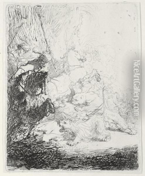 The Small Lion Hunt (b., Holl. 115; H. 180; Bb. 41-3) Oil Painting - Rembrandt Van Rijn