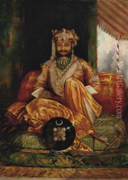 Portrait Of His Highness The Maharajah Holkar Of Indore, Seated Full Length On A Cushion Oil Painting - George Landseer