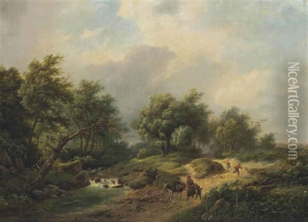 A Family On A Track With A Donkey Oil Painting - Marinus Adrianus Koekkoek