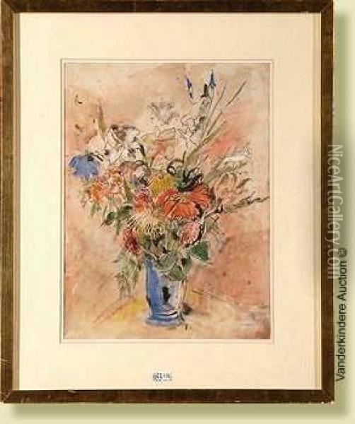 Vasede Fleurs, Encre Et Aquarelle Sur Papier Oil Painting - Henri Ramah