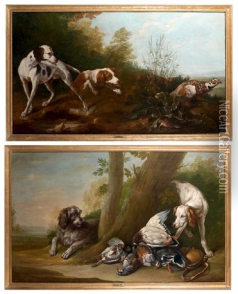Deux Chiens En Arret Devant Un Faisan, Deux Chiens Gardent Le Gibier (pair) Oil Painting - Alexandre Francois Desportes