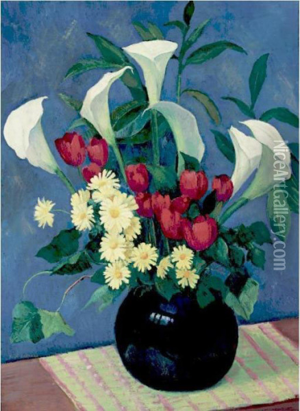 Ramo De Flores Con Alcatraces, Tulipanes Y Margaritas Oil Painting - Angel Zarraga Arguelles