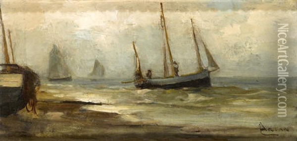 Fishing Boats Offshore In Stormy Weather Oil Painting - Louis Artan De Saint-Martin