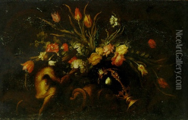 Parrot Tulips, Roses, Narcissi And Other Flowers In An Upturned Vase With A Monkey Oil Painting - Niccola Giuli