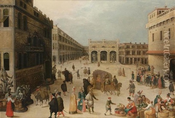 The Piazza Della Signoria, Florence, With A Carriage, Numerous Elegant Figures And Townsfolk Selling Their Wares Oil Painting - Louis de Caullery