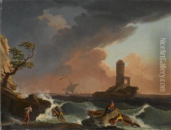 A Shipwreck In Stormy Seas With A Lighthouse Beyond (after Claude Joseph Vernet) Oil Painting - Francesco Fidanza