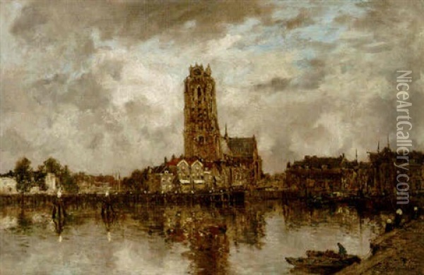 A View Of Dordrecht With The Grote Kerk Oil Painting - Johan Hendrik van Mastenbroek