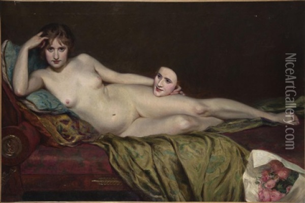 Repos Du Modele Au Masque Et Au Bouquet De Roses Oil Painting - Maurice Dumont