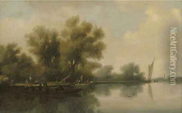 A wooded river landscape with a ferry and other boats Oil Painting - Salomon van Ruysdael