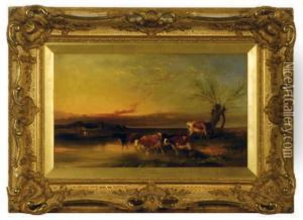 Cattle By A River At Sunset Oil Painting - William Joseph Shayer