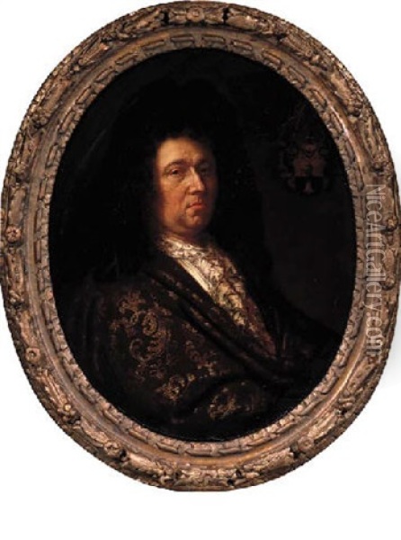 Portrait Of A Nobleman Wearing A Gold-embroidered Brown Cloak, Lace Chemise And Wig Oil Painting - Hyacinthe Rigaud