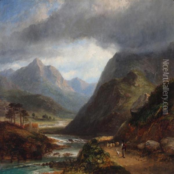 Scottish Mountainscape With Shepherd Oil Painting - James Poole