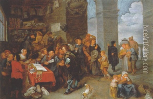 Peasants And Townsfolk At A Tax Office Oil Painting - Willem van Herp the Elder