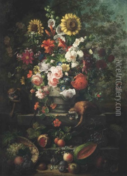 Sunflowers, Roses, Carnations, Peonies, Lilies And Other Flowers In A Stone Vase On Steps With Monkeys Amongst Cantaloupe, Pomegranate, Peaches, Plums And Other Fruit Oil Painting - Jakob Bogdani