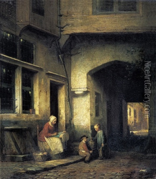 Kantklosster In Een Steeg Met Spelende Kinderen Oil Painting - Henri de Braekeleer