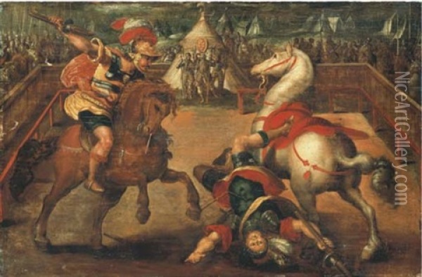 Two Knights Jousting, A Tent With The Medici Coat-of-arms Beyond Oil Painting - Jan van der Straet (Stradanus)