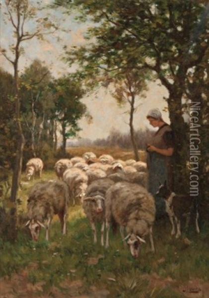 Shepherdess With Flock Oil Painting - Johannes Karel Leurs