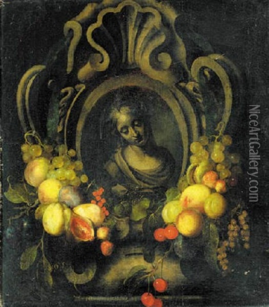 A Still Life Of Fruit And Flowers Surrounding A Cartouche Of The Virgin Oil Painting - Petrus Willebeeck