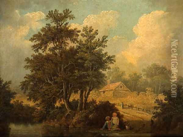 Landscape with Figures at a Stream Oil Painting - James Stark