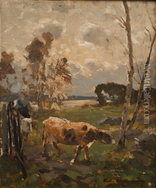 Cows In The Meadow Oil Painting - Victor Westerholm