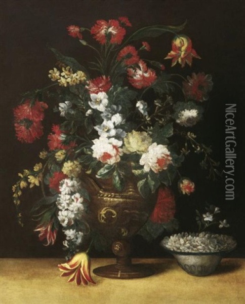 Blumenstilleben Mit Nelken, Rosen Und Tulpen In Skulptierter Vase Oil Painting - Margherita Caffi