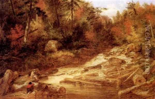 The Falls Of The Little Shawinigan, Autumn Oil Painting - Cornelius David Krieghoff