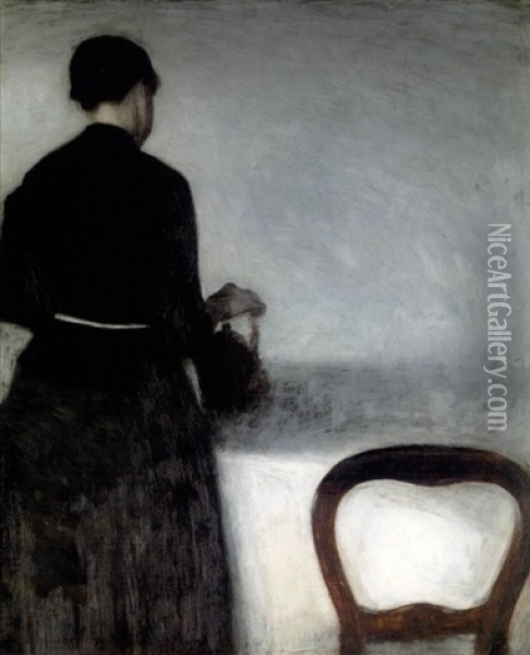 En Unge Pige, Som Holder Af En Kande - Young Girl Pouring Tea - The Artist's Sister Oil Painting - Vilhelm Hammershoi