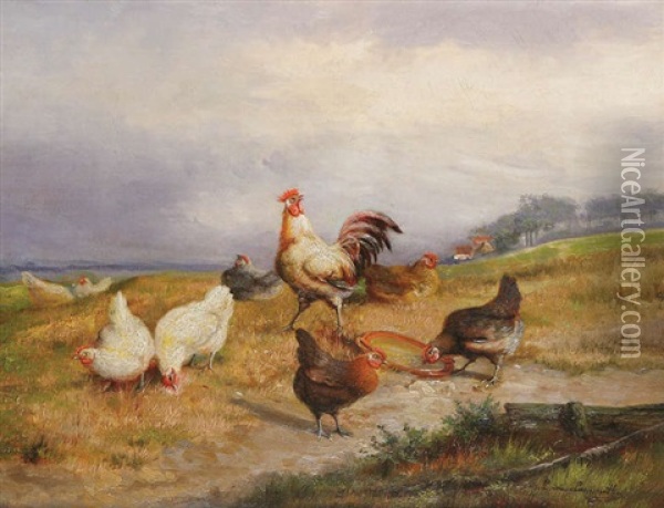Coq Et Poules Au Paysage Oil Painting - Jef Louis Van Leemputten